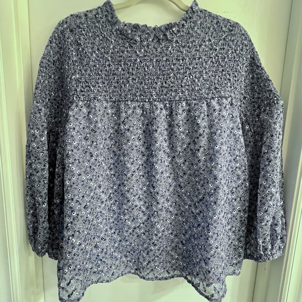 Blue Floral Print High Neck Flowy Blouse
